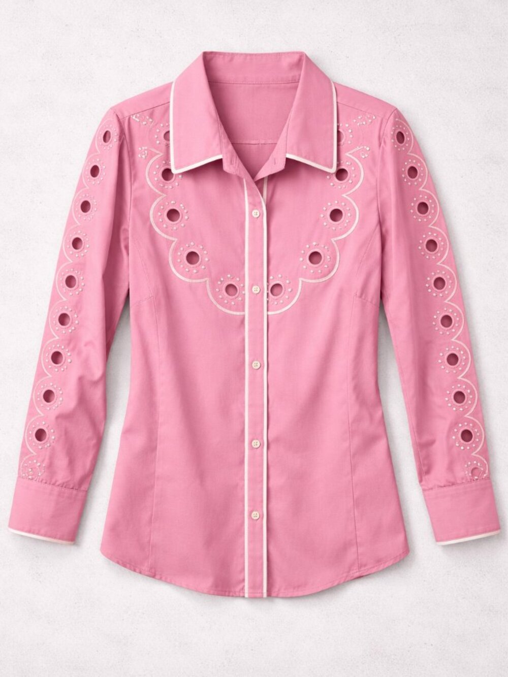 Bob Mackie Pink Button-Down Eyelet Western Shirt